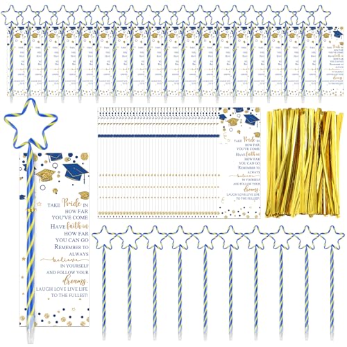 Spakon Stern-Stifte für Abschlussfeiern, Klasse 2025, Abschlussgeschenke, Großpackung für Studenten, Senioren, Geschenke, Stifte mit Karten, goldfarbene Bindebänder (Blau und Gold) von Spakon