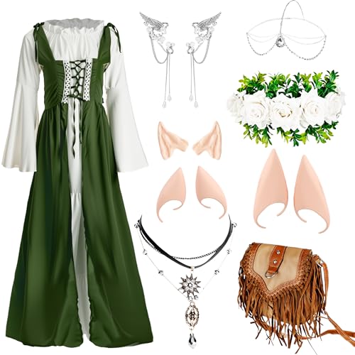 Spaluck Renaissance-Kostüm für Damen, mittelalterliches Kleid, Feenkostüm mit Elfenohren, Blumenkrone für Damen, Erwachsene, Halloween, Cosplay (grün, groß) von Spaluck