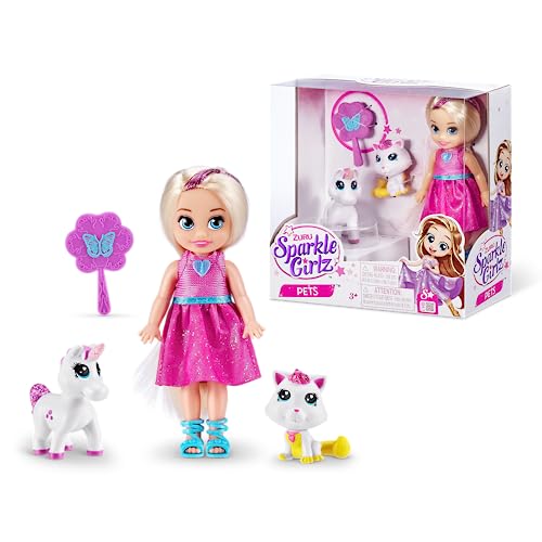 Sparkle Girlz 11,5 cm Prinzessin mit Haustieren A, Modepuppen zum Sammeln mit Spielzeughaustieren, Prinzessinnenpuppen von SPARKLE GIRLZ