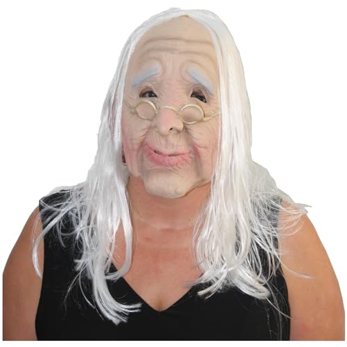 Spassprofi Maske alte Frau mit Brille Oma Greisin Vollmaske Faschingsmaske Karnevalsmaske von Spassprofi