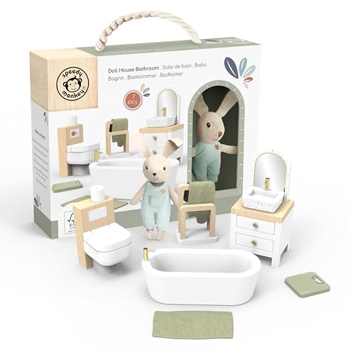 Speedy Monkey Puppenhaus Badezimmer Spielset mit Hase - Miniatur Holz Badezimmermöbel Set mit Badewanne, Waschbecken, Waage, Toilette & Spiegel - Pretend Play Puppenhaus Zubehör für Kinder von Speedy Monkey