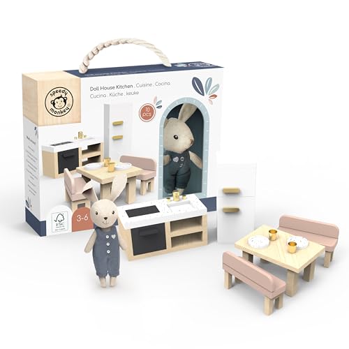 Speedy Monkey Puppenhaus-Küchen-Spielset mit Häschen – Miniatur-Küchenmöbel-Set aus FSC-Holz – Esstisch, 4 Stühle, Kühlschrank & Zubehör – Pretend Play Puppenhaus Dekor Spielzeug für Kinder & Mädchen Speedy Monkey Puppenhaus-Küchen-Spielset mit Häschen – Miniatur-Küchenmöbel-Set aus FSC-Holz – Esstisch, 4 Stühle, Kühlschrank & Zubehör – Pretend Play Puppenhaus Dekor Spielzeug für Kinder & Mädchen von Speedy Monkey