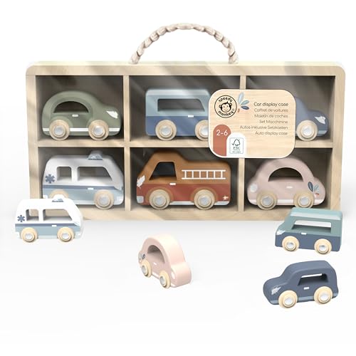 Speedy Monkey Set 6 Autos inklusive Setzkasten 29,6x3,5x16cm bunt, Holz Spielzeug für Kinder, Liebevolle Details- tolle Geschenkidee von Speedy Monkey