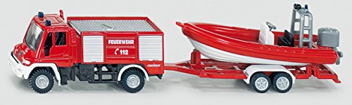 Siku 1636, Feuerwehr Unimog mit Boot, Metall/Kunststoff, Rot/Weiß, Schwimmfähiges Boot von Speelgoed