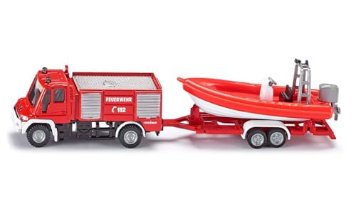 siku 1636, Feuerwehr Unimog mit Boot, 1:87, Metall/Kunststoff, Rot, Feuerwehrauto und schwimmfähiges Boot, Gummireifen, Anhängerkupplung von Siku