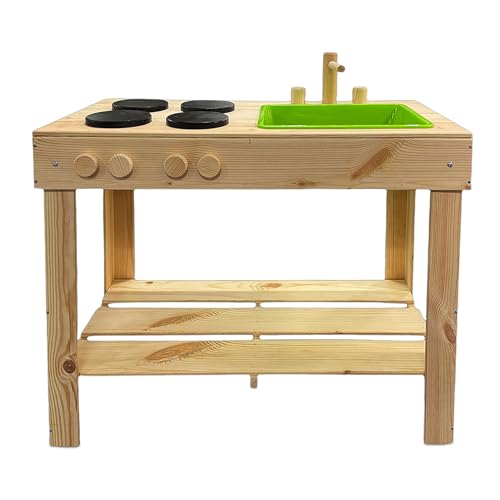 Holz Outdoor Spielzeug Matschküche für Kinder - 72 cm - Spielküche mit Waschbecken und Herdplatten - Garten Kinderküche Sandküche Gartenküche Spielzeugküche für Außen von Spetebo