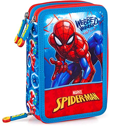 Spiderman - Federmäppchen für die Schule mit 3 Reißverschlüssen, komplett mit 44 Teilen. von Spiderman