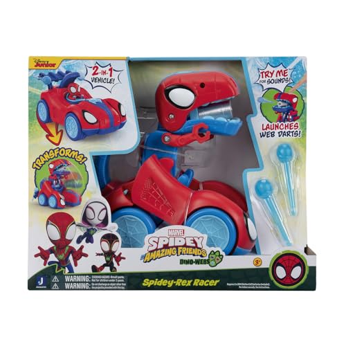 Marvel Spidey und Seine Super-Freunde Spidey-Rex Racer – 20 cm großes Fahrzeug mit Geräuschen – Verwandlung vom Fahrzeug in einen Dinosaurier von Spidey and his Amazing Friends