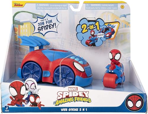 Spidey und seine Super-Freunde - SNF0019 Web Strike 2 in 1 Fahrzeug, 15cm großes Spider-Man Fahrzeug mit Motorrad, Spielzeug ab 3 Jahren von Marvel