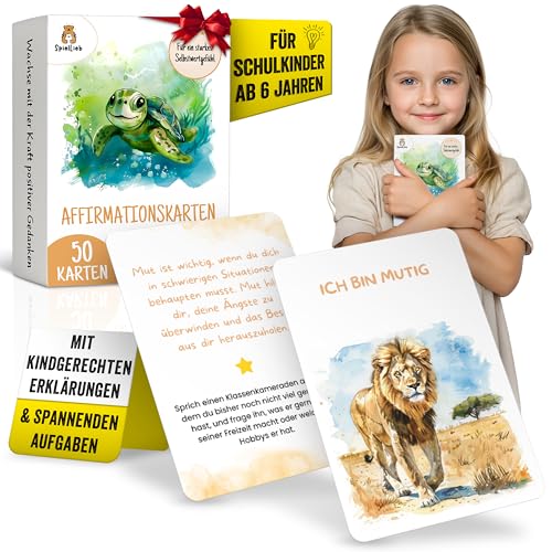 SpielLieb® Affirmationskarten Kinder – 50 Achtsamkeitskarten für mehr Selbstliebe, Mut & Dankbarkeit – Gefühlskarten für Kinder mit positiven Glaubenssätzen – emotionale Stärke fördern von SpielLieb