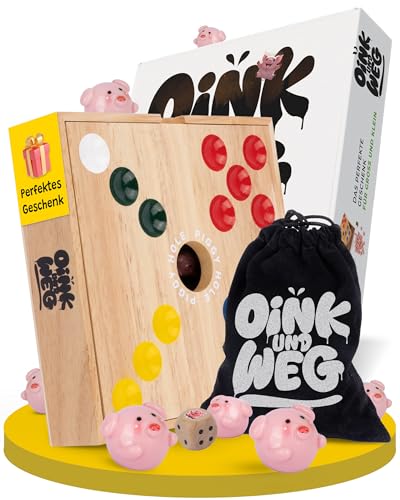 Spielario® OINK und Weg | Schweinchen Spiel Holz | Das lustige Familienspiel für zwischendurch | Pig Hole Schweinchenspiel | Mehr Spannung durch taktisches Würfeln | Schweine Spiel als Geschenk von Spielario