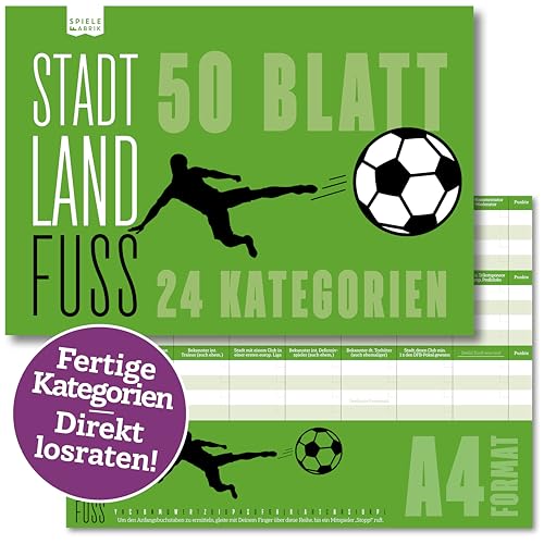 Stadt Land Fussball Der Spielblock A4 mit 24 Fussball-Kategorien | Spiele-Klassiker 2.0 als Partyspiel, für Fußball-Fan als Geschenk-Idee, DIN A4-Block | 50 Blatt von Spielefabrik