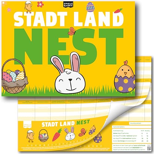 Stadt Land Fluss Ostern Geschenk Nest Lustiges Familienspiel Quiz Hase Der Spielblock A4 mit 24 Oster-Kategorien als Ostergeschenk für Kinder, Teenager und Erwachsene | 50 Blatt Stadt Land Fluss Ostern Geschenk Nest Lustiges Familienspiel Quiz Hase Der Spielblock A4 mit 24 Oster-Kategorien als Ostergeschenk für Kinder, Teenager und Erwachsene | 50 Blatt von Spielefabrik