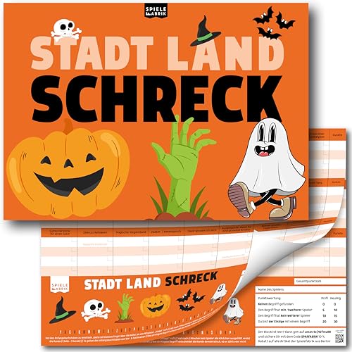 Stadt Land Fluss SCHRECK Lustiges Familienspiel Halloween Quiz Der Spielblock A4 mit 24 Grusel-Kategorien als Halloweengeschenke für Kinder, Teenager und Erwachsene | 50 Blatt von Spielefabrik
