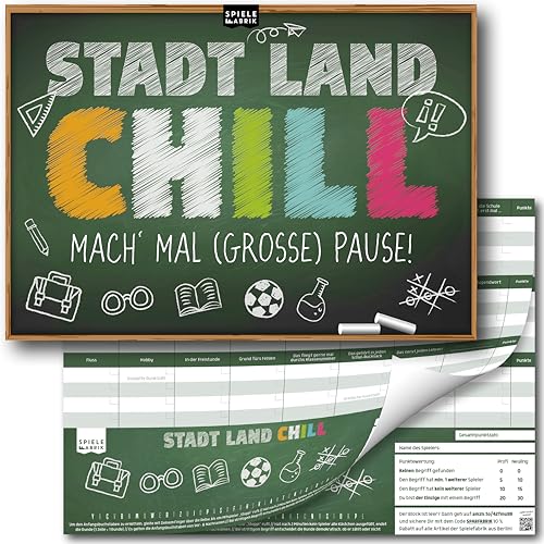 Stadt Land Fluss Schule CHILL MAL Das Spiel für den Schulhof in der Pause Quiz für Schüler als Pausenspiel Spielblock A4 mit 24 Kategorien als Geschenk-Idee für Teenager, Schüler, Lehrer | 50 Blatt Stadt Land Fluss Schule CHILL MAL Das Spiel für den Schulhof in der Pause Quiz für Schüler als Pausenspiel Spielblock A4 mit 24 Kategorien als Geschenk-Idee für Teenager, Schüler, Lehrer | 50 Blatt von Spielefabrik