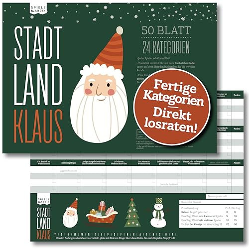 Stadt, Land, Klaus | lustiges Ratespiel für Weihnachten mit 24 Xmas-Kategorien | Familienspiel Partyspiel zur Weihnachtszeit | Geschenk-Idee Nikolaus | DIN A4-Block | 50 Blatt Stadt, Land, Klaus | lustiges Ratespiel für Weihnachten mit 24 Xmas-Kategorien | Familienspiel Partyspiel zur Weihnachtszeit | Geschenk-Idee Nikolaus | DIN A4-Block | 50 Blatt von Spielefabrik