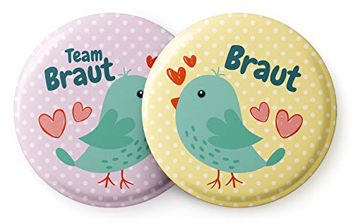 Spielehelden 12er Set „Vogelhochzeit“ süße Anstecker - JGA Buttons Set – Junggesellinnenabschied Frauen Buttons als Bachelorette Party Accessoires Spielehelden 12er Set „Vogelhochzeit“ süße Anstecker - JGA Buttons Set – Junggesellinnenabschied Frauen Buttons als Bachelorette Party Accessoires von Spielehelden