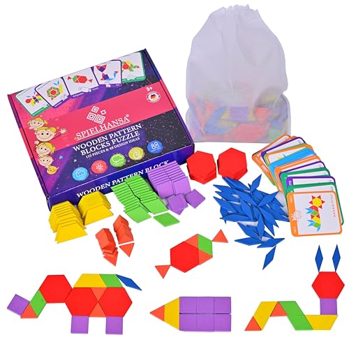 Spielhansa® Montessori Spielzeug Tangram Puzzle,Holzpuzzle 48 Designkarten in Deutsch-Englisch,155 Bunte geometrische Formen, Lernspiel,pädagogisches Geschenk,Lernen mit Spaß von Spielhansa