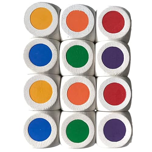 Farbenwürfel/Farbpunktewürfel/Farbwürfel aus Holz, 16 mm. Made in Germany. (12 Würfel, Regenbogen: Gelb, Orange, Rot, Blau, Lila, Grün) von Spieltz
