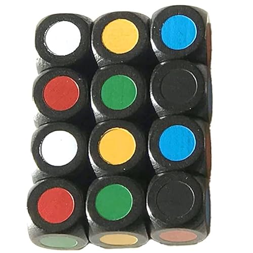 Farbenwürfel/Farbpunktewürfel/Farbwürfel aus Holz, 16 mm. Made in Germany. (12 Würfel, Schwarz + Farbpunkte Basisfarben (Rot, Gelb, Blau, Grün, Schwarz, Weiß)) von Spieltz