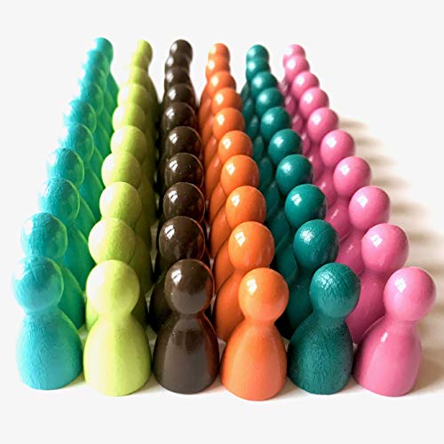 Spielfiguren aus Holz für Brettspiele, Bunte Mischung, besondere Farben, Halmakegel Gr. 12/24 mm, 60 Stück (6x10) (Omas Sofa: Mandarin, Altrosa (=Pink), Lemon, Helltürkis, Türkis, Braun) von Spieltz