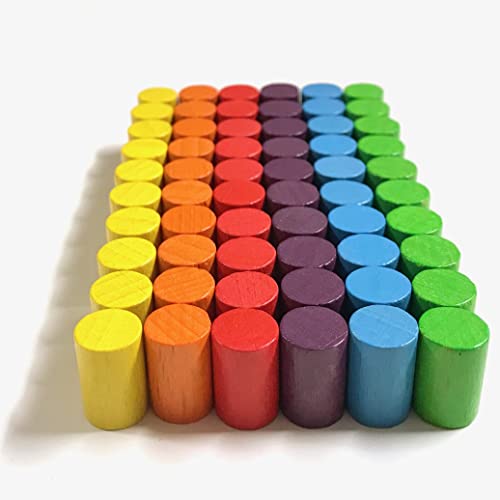 Spielsteine aus Holz für Brettspiele, Zylinder 10x15 mm, 6 Farben, 60 Stück (Regenbogen) von Spieltz