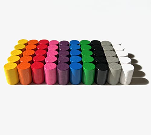 Spielsteine aus Holz für Brettspiele, Zylinder 10x15 mm (50 Spielsteine, 10 Farben: Weiß, Gelb, Orange, Rot, Rosa, Violett, Blau, Grün, Grau, Schwarz) von Spieltz