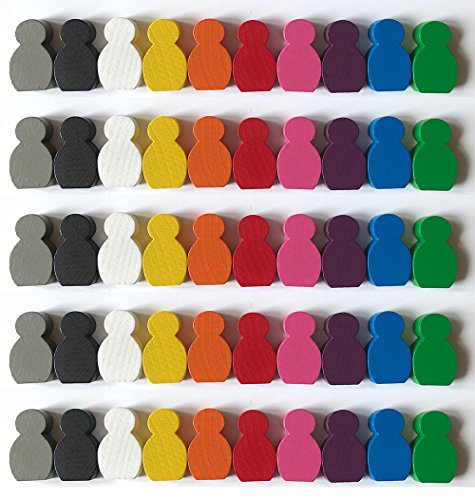 Spieltz 052641: Große beklebbare Spielfiguren aus Holz für Brettspiele, Größe 21x34x8 mm, 10 (weiß, gelb, orange, rot, blau, grün, pink, lila, grau, schwarz). Großpackung 50 Stück. von Spieltz