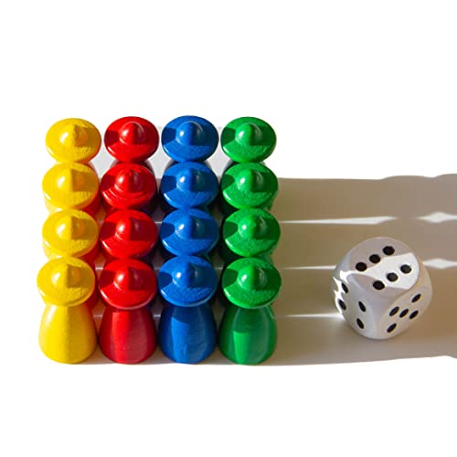 Spieltz Brettspiel Zubehör: Spielfiguren Set aus Holz für Ludo. 4x4 od. 6x4 Halmakegel + Würfel. Spielmaterial für Brettspiele. (Personen mit Hut, Größe 13/26 mm, 4 x 4 Spielfiguren + 1 Würfel) von Spieltz