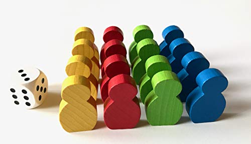 Spieltz Spielfiguren Set aus Holz für Ludo. Große beklebbare Spielfiguren 21x34x8 mm, 4X 4 Figuren + 1 großer Würfel von Spieltz