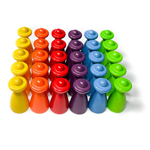 Spieltz große Spielfiguren aus Holz, Menschen/Personen mit Hut, Höhe 4 cm, f. Brettspiele. Made in Germany (6 Farben - Regenbogen: Gelb, Orange, Rot, Violett, Hellblau, Hellgrün, 30 Figuren) von Spieltz