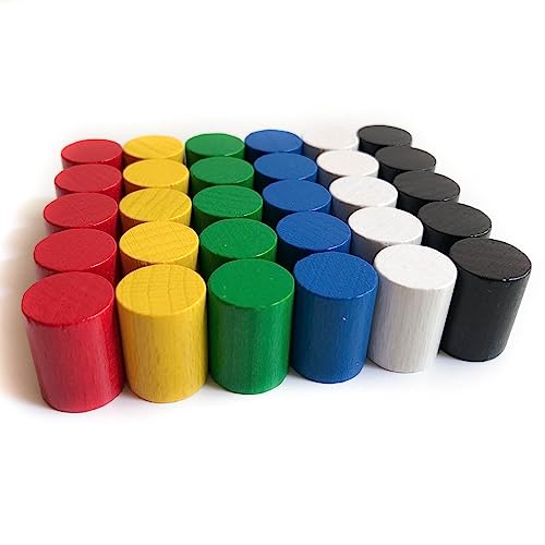 Spieltz: Bunte Spielsteine aus Holz für Brettspiele, Zylinder groß, 15 x 20 mm. Made in Germany (6 Farben: Rot, Gelb, Blau, Grün, Schwarz, Weiß, 30 Stück) von Spieltz