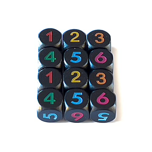 Zahlenwürfel 1-6 aus Holz für Brettspiele oder als Mathe-Würfel zum Rechnen, 16 mm (12 Würfel, Schwarz mit verschiedenfarbigen Zahlen) von Spieltz