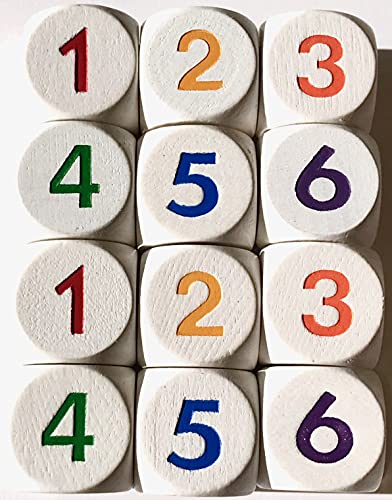 D6 Zahlenwürfel 1-6 aus Holz für Brettspiele oder als Mathe-Würfel zum Rechnen, 16 mm (12 Würfel, Weiß mit verschiedenfarbigen Zahlen) von Spieltz