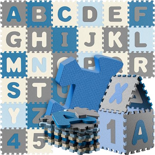 Spielwerk® 86-teilige Puzzlematte Baby, Blau - 3,3m² Buchstabenteppich - ABC Matten für Kinder, Spielunterlage Boden, Gummimatte Kinderzimmer, Puzzleteppich Baby, Spielteppich für Kinder von Spielwerk