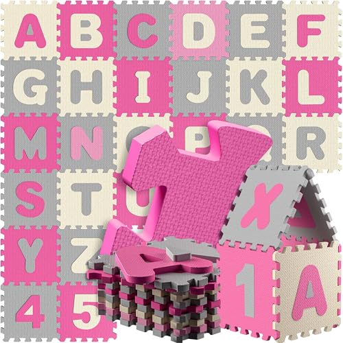 Spielwerk® 86-teilige Puzzlematte Baby Pink 3,3m² Buchstabenteppich ABC Matten für Kinder Spielunterlage Boden Krabbelmatte Kinderzimmer Puzzleteppich Spielteppich für Kinder von Spielwerk