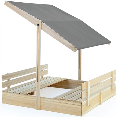 Spielwerk® Sandkasten Toni Sonnendach Sitzbank 120x120x120cm Naturholz Fichtenholz UV-Schutz Sandbox UV50+ Kantenschutz Bodenvlies Outdoor Kinder von Spielwerk