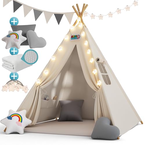 Spielwerk® Kindertipi Spielzelt Baumwolle 130x130x160cm Bodenmatte Girlande Lichterkette 3 Kissen Holz Stabilisierung Tragetasche Kinderzelt weiß von Spielwerk