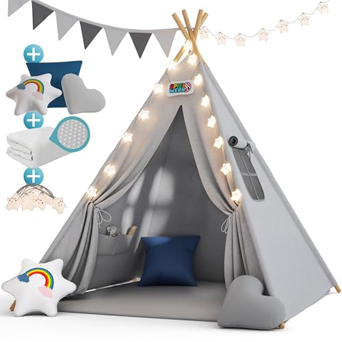 Spielwerk® Kindertipi Spielzelt Baumwolle 130x130x160cm Bodenmatte Girlande Lichterkette 3 Kissen Holz Stabilisierung Tragetasche Kinderzelt blau von Spielwerk