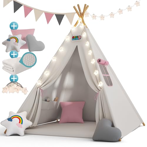 Spielwerk® Kindertipi Spielzelt Baumwolle 130x130x160cm Bodenmatte Girlande Lichterkette 3 Kissen Holz Stabilisierung Tragetasche Kinderzelt rosa von Spielwerk