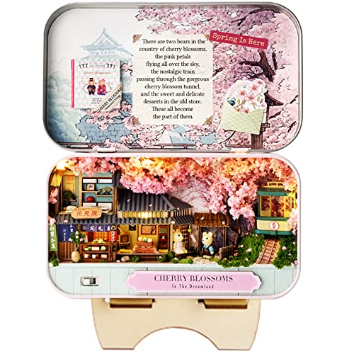 SPILAY Puppenhaus-Miniatur mit Möbeln, DIY-Puppenhaus-Set, Mini-Eisenbox, Theater, Maßstab 1:24, kreatives Handwerk, Zimmer, Erwachsene und Jugendliche, Kirschblüten Q07 von Spilay