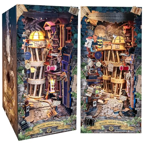 Spilay DIY Book Nook Kit, DIY Puppenhäuser Holz Miniatur Haus Möbel Kit Mit LED-Licht,3D Holzpuzzle Buchstütze Bücherregal Dekoration,Buchstützen Modell Build-Creativity Kit(Magic Night Alley) SQ16 von Spilay