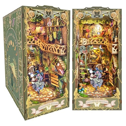 Spilay DIY Book Nook Puppenhaus Kit, Booknook Bücherregal Insert Decor Alley, Buchstützen Modell Build-Creativity Kit mit Staubschutz & Spieluhr (Green Fairyland with LED) von Spilay