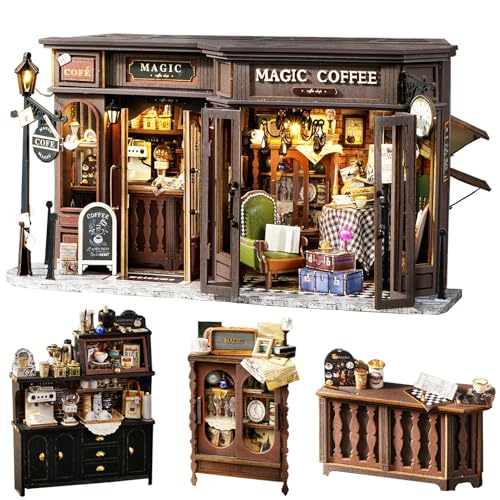 Spilay DIY Miniatur-Puppenhaus-Bausatz, DIY Puppenhaus-Bausatz mit Holzmöbeln, mit Staubschutz und LED, handgefertigte Geschenke für Geburtstag Weihnachten-(Vintage Magic Coffee Shop) F-041 von Spilay