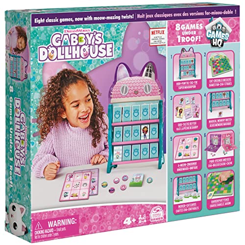 SPIN MASTER GAMES 6065857 Gabby's Dollhouse, HQ Checkers Tic Tac Toe Memory Match Go Fish Bingo Cards Board Games Toy Gift Netflix Party Supplies, for Kids Ages 4 and up, merhfarbig von Spin Master Games