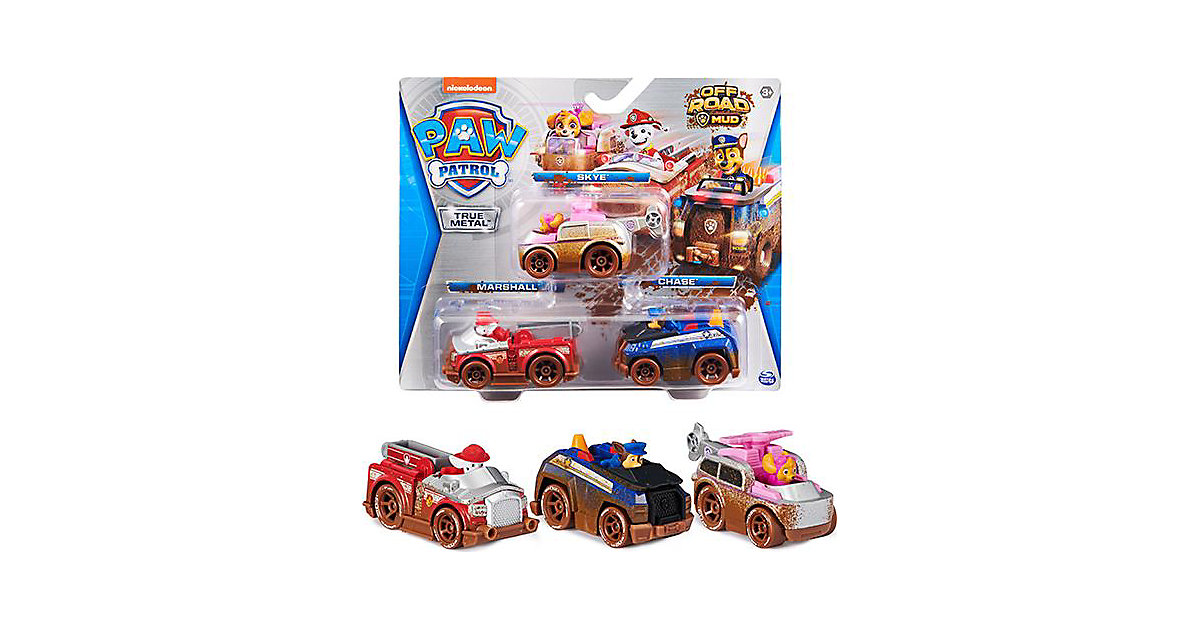 Paw Patrol True Metal 3er-Pack mit 3 Metall-Spielzeugautos von Skye, Chase und Marshall, Maßstab 1:55, Kinder ab 3 Jahren, Design mit Offroad-Schlamm-Dekor Kleinkinder Paw Patrol True Metal 3er-Pack mit 3 Metall-Spielzeugautos von Skye, Chase und Marshall, Maßstab 1:55, Kinder ab 3 Jahren, Design mit Offroad-Schlamm-Dekor Kleinkinder von Spin Master