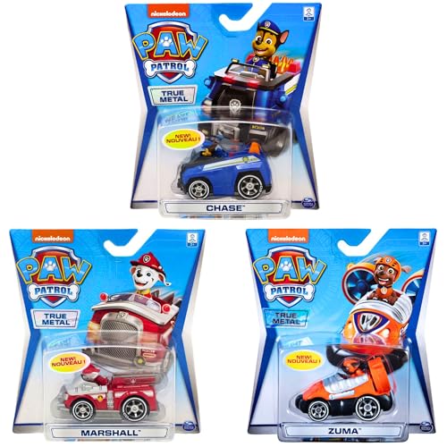 Paw Patrol – True Metal Sammlerfigur Druckguss-Spielzeugfahrzeug-Bündel – Set 1 Packung mit 3 Stück – Chase, Marshall und Zuma Paw Patrol – True Metal Sammlerfigur Druckguss-Spielzeugfahrzeug-Bündel – Set 1 Packung mit 3 Stück – Chase, Marshall und Zuma von Spin Master