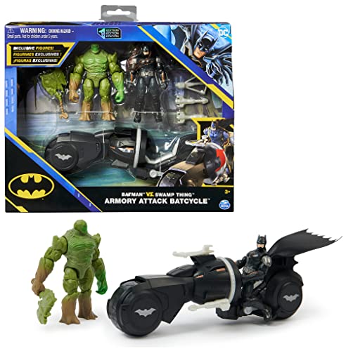 Batman Amory Attack Batcycle mit 2x 10cm Actionfiguren von Batman und Swamp Thing, Motorrad mit drehbarem Waffenaufsatz von DC