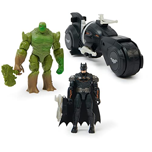 Batman Amory Attack Batcycle mit 2x 10cm Actionfiguren von Batman und Swamp Thing, Motorrad mit drehbarem Waffenaufsatz von DC