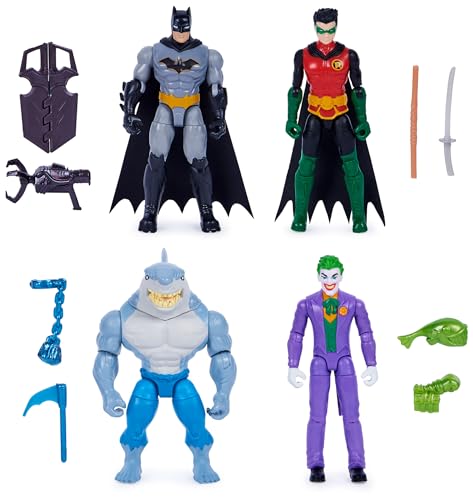 DC 6065564 Comics, Batman und Robin gegen The Joker und King Shark, 10cm große Action-Figuren, Kinderspielzeug für Jungen und Mädchen, Mehrfarbig von DC